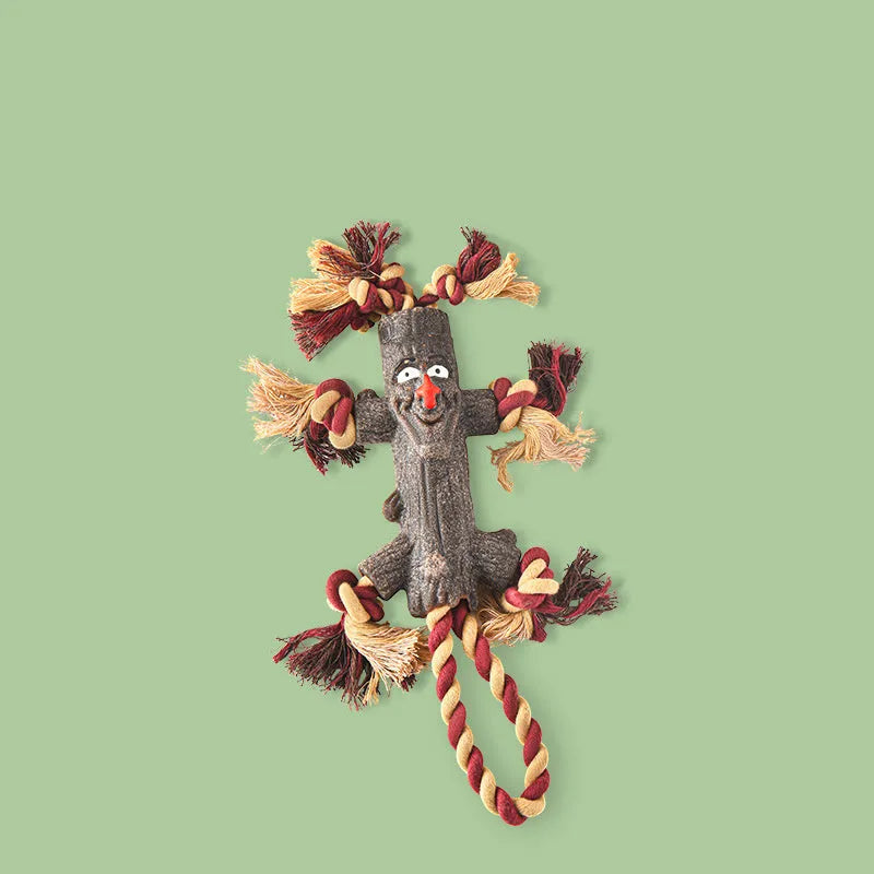 Large dog toy with rubber log shape, TPR knot, and rope for fetch and tugging, suitable for heavy chewers