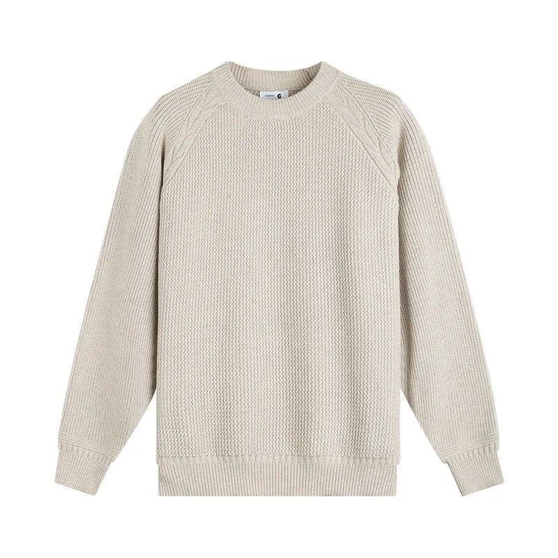 Men's loose round neck sweater in pink apricot, long sleeve pullover style for spring autumn