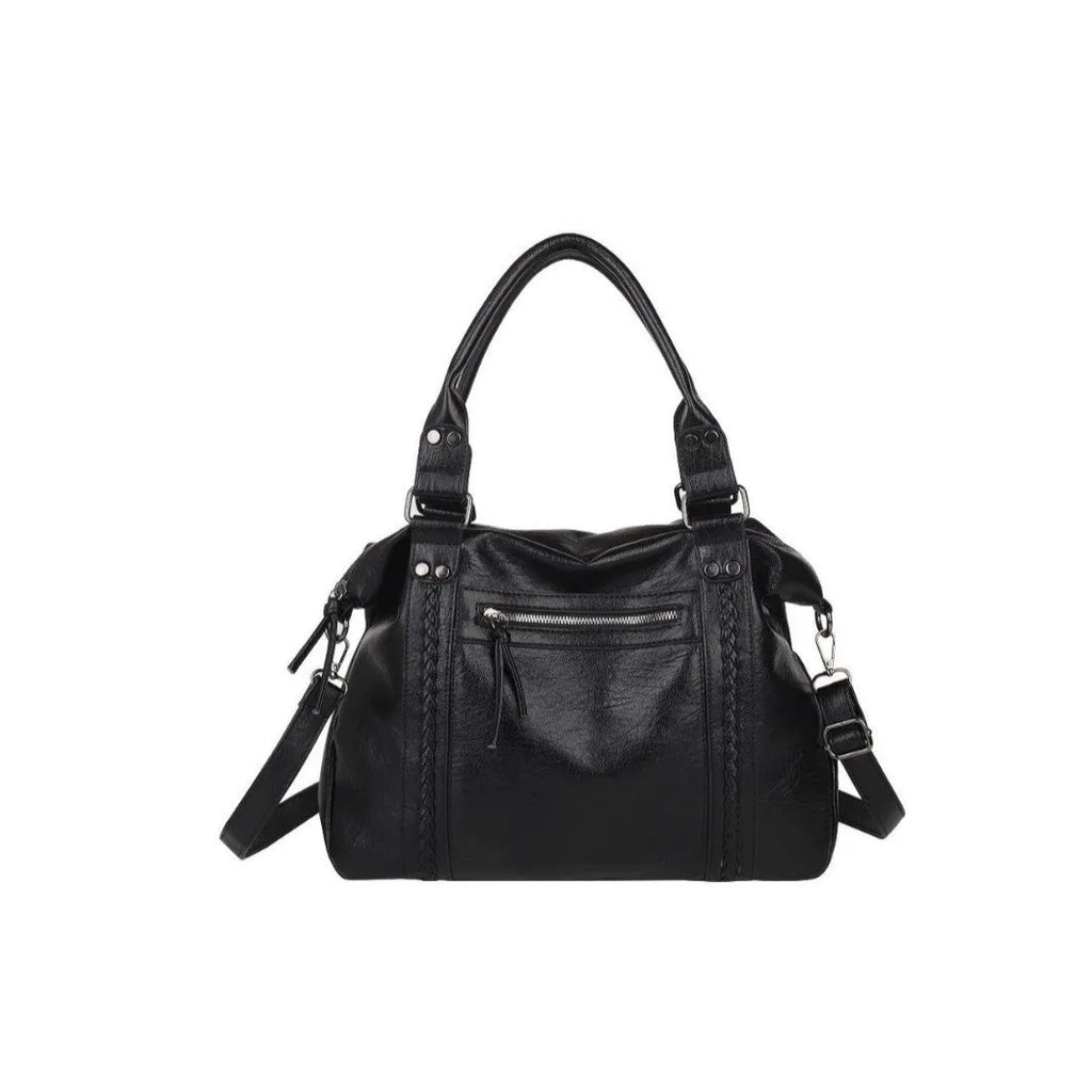 Women's retro trend shoulder crossbody bag in PU leather, black colour, 38x12x25cm