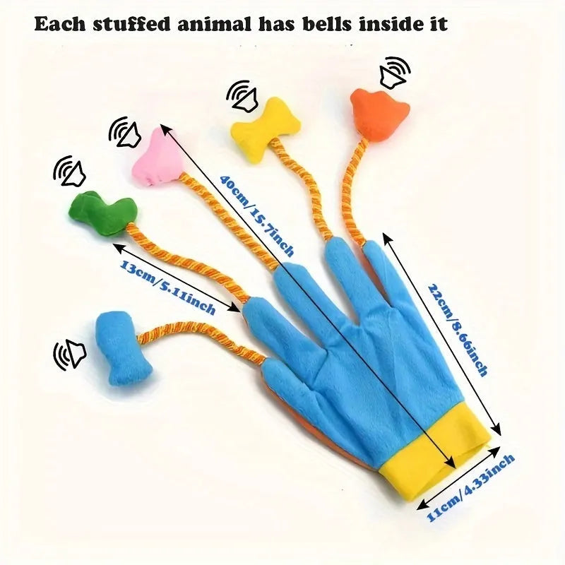 Yellow and blue magic glove plush cat toy with bell, showing 40cm trailer design