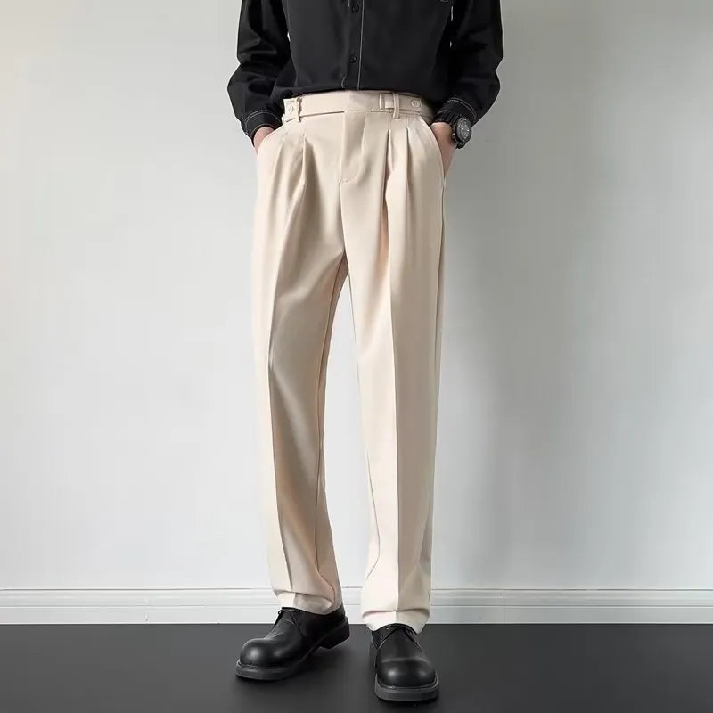 Men's straight leg loose fit suit trousers in apricot and black colours with polyester fabric