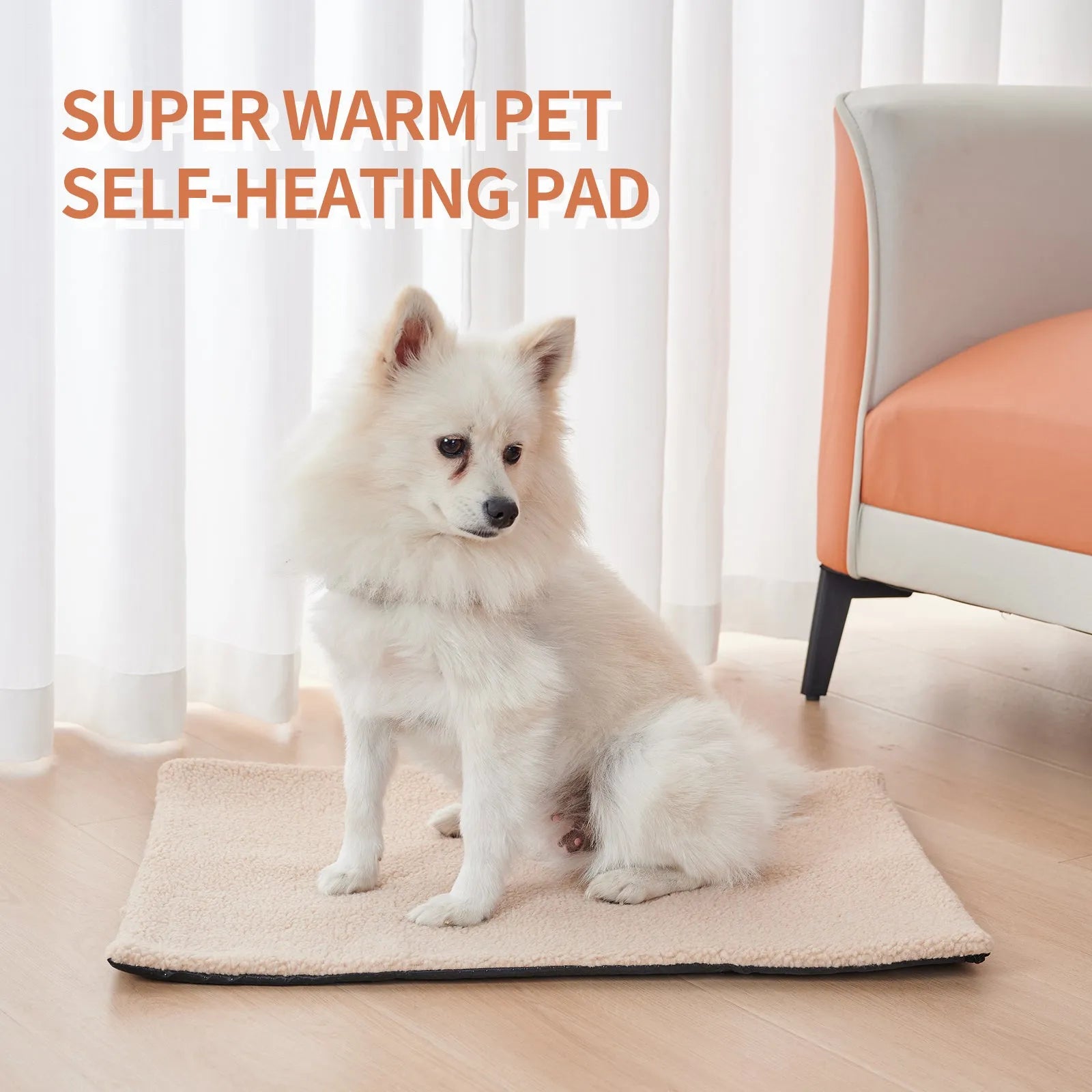 Grey plush self-heating pet pad for cats and dogs on indoor floor
