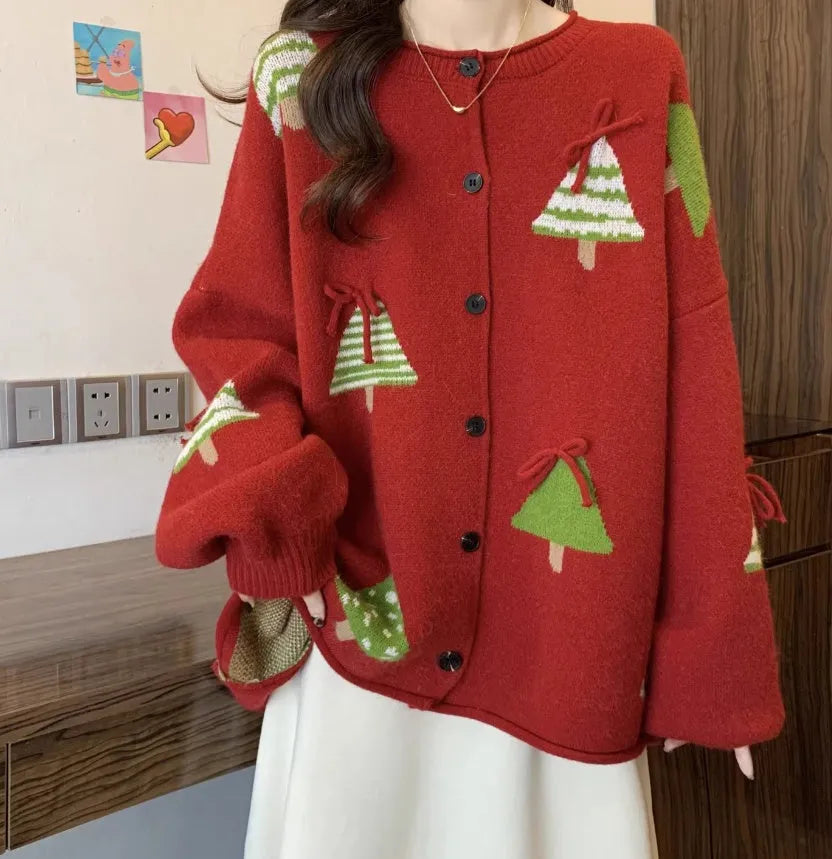 Women's Christmas tree red polyester sweater coat with long sleeves and a loose, regular-length silhouette