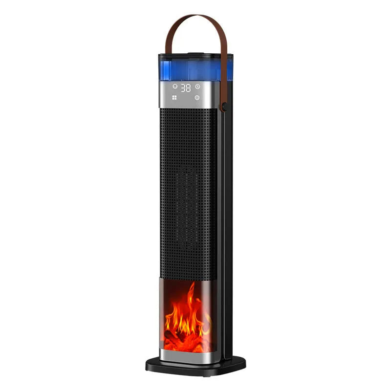 Slim vertical ceramic heater with humidifier function and remote control on a table.