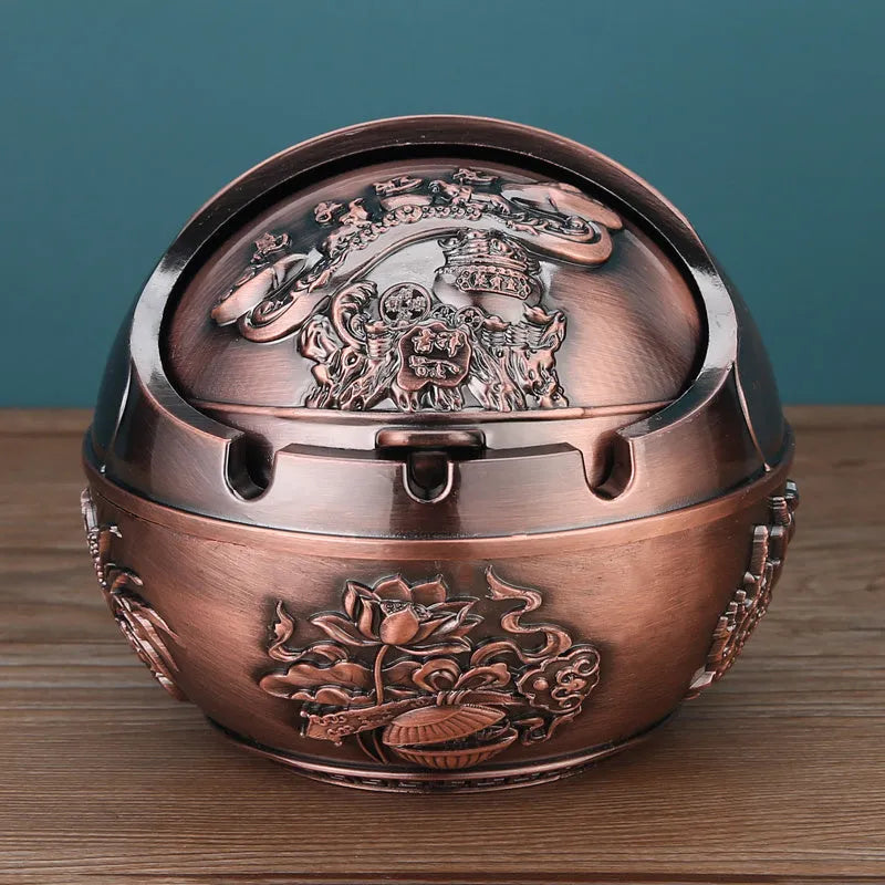 XL decorative alloy ashtray with smoke slot in bronze finish showing dragon and phoenix design