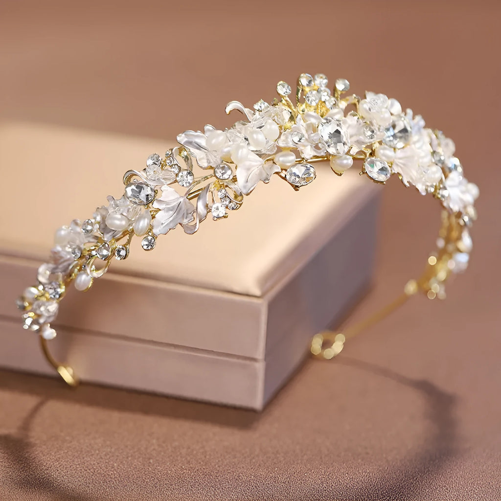 Gold or silver alloy crown hair accessory with pearl decorations for women