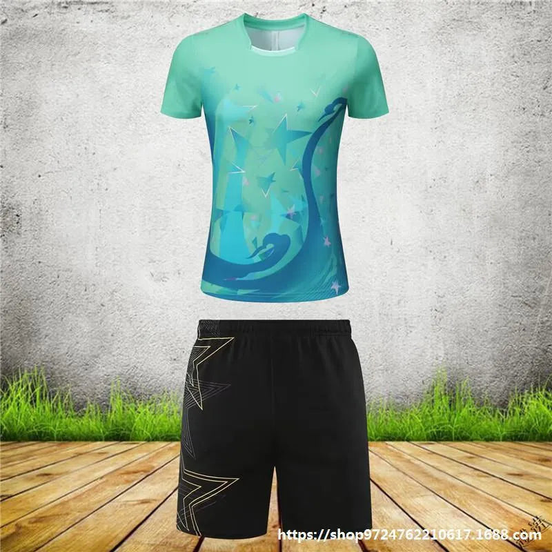 Men's and women's sapphire blue badminton sports suit with short-sleeved top and trousers.