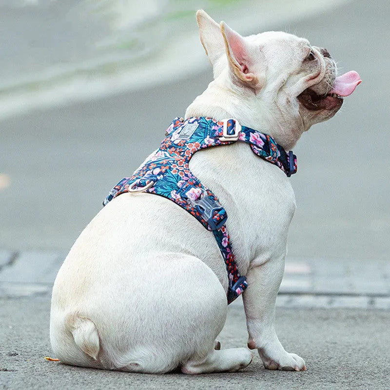Pure cotton pet harness chest strap in floral pattern with pull-resistant design for dog walking
