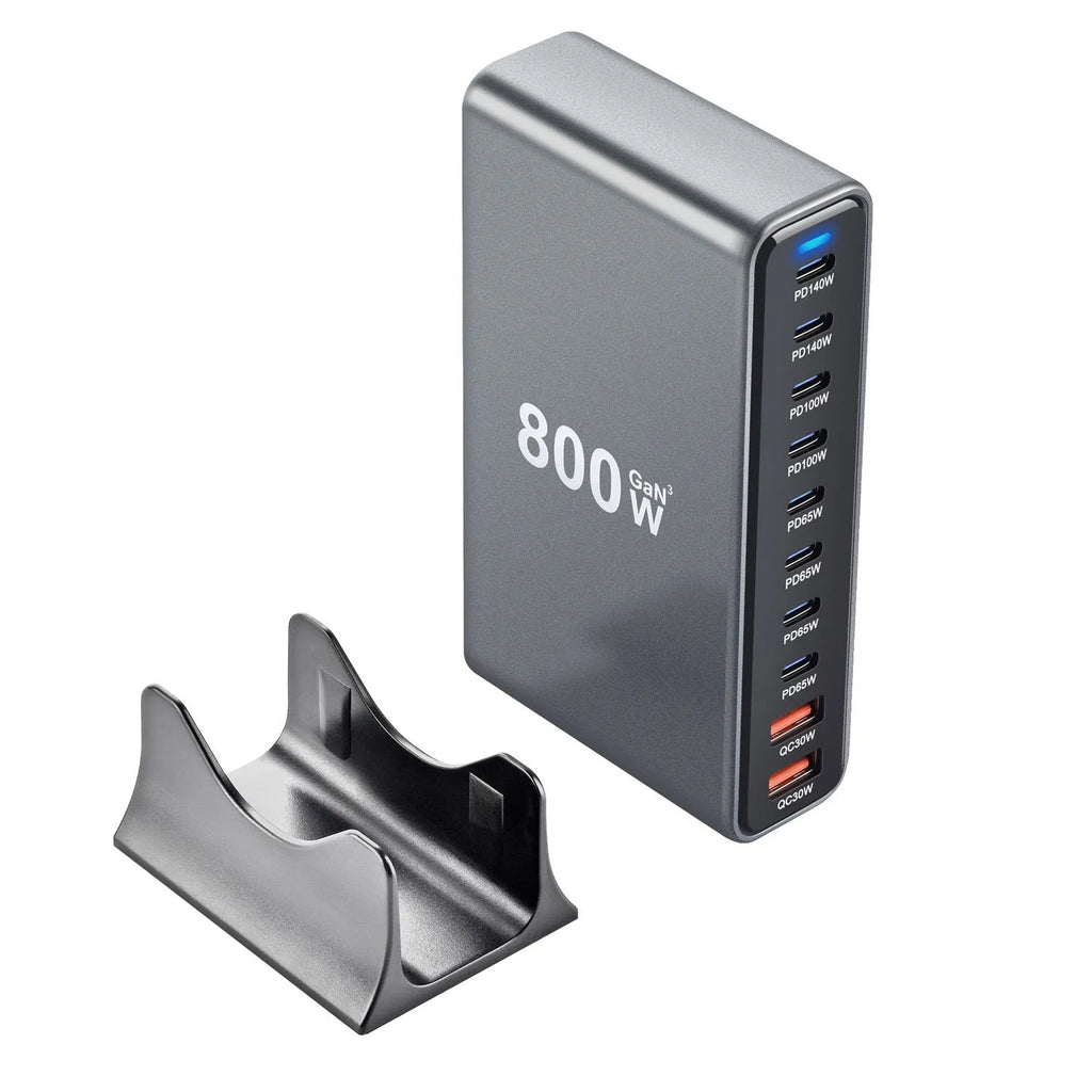 Silver gray 800W gallium nitride multifunctional PD desk charger with 140W total output and USB interface