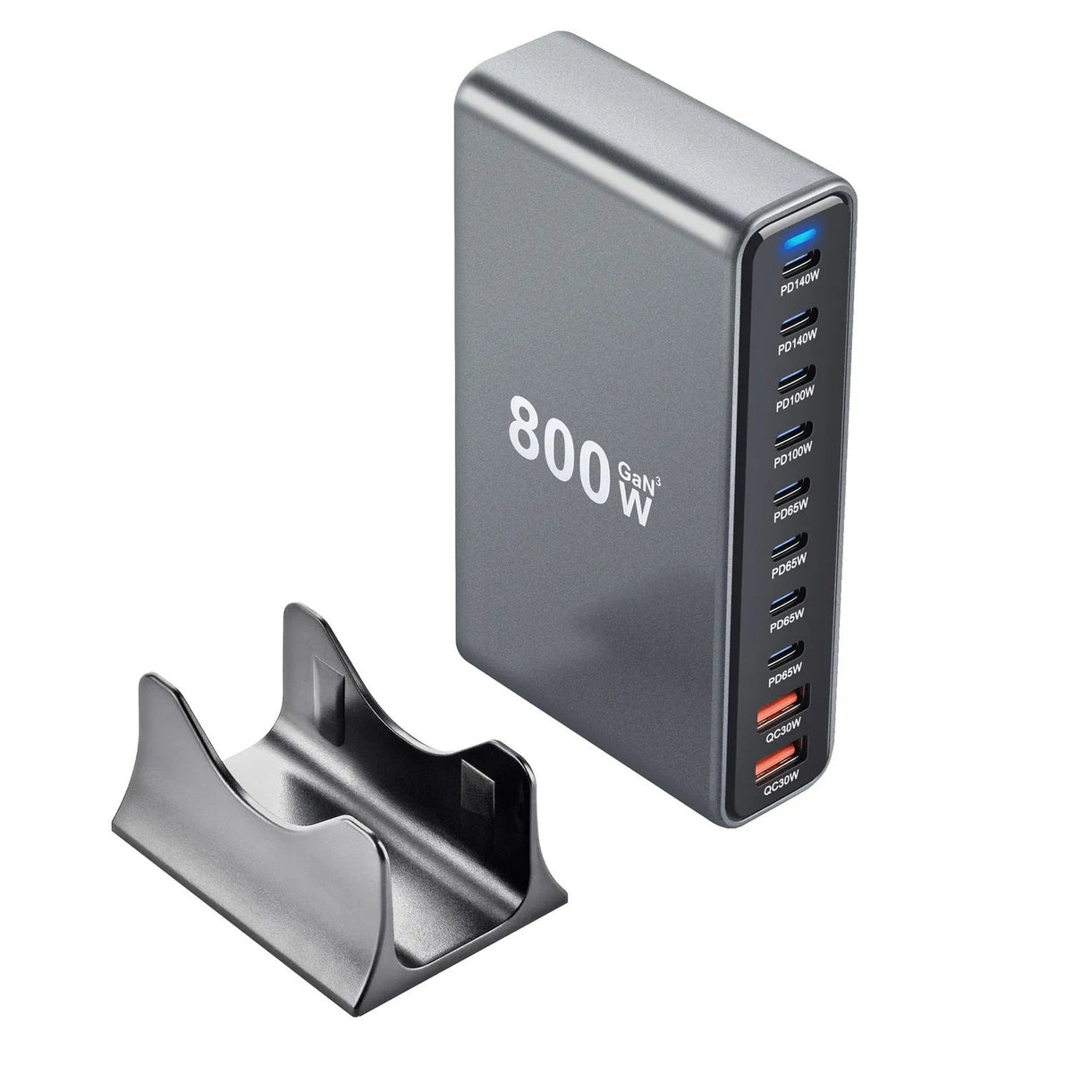 Silver gray 800W gallium nitride multifunctional PD desk charger with 140W total output and USB interface