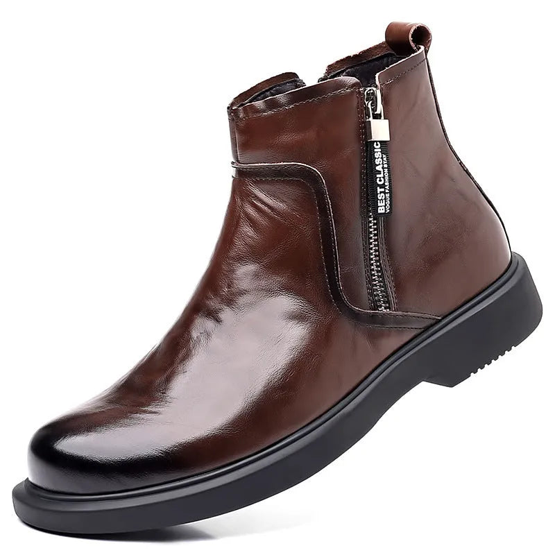 Men's genuine leather Chelsea boots in brown, non-slip rubber sole, round toe, side zipper