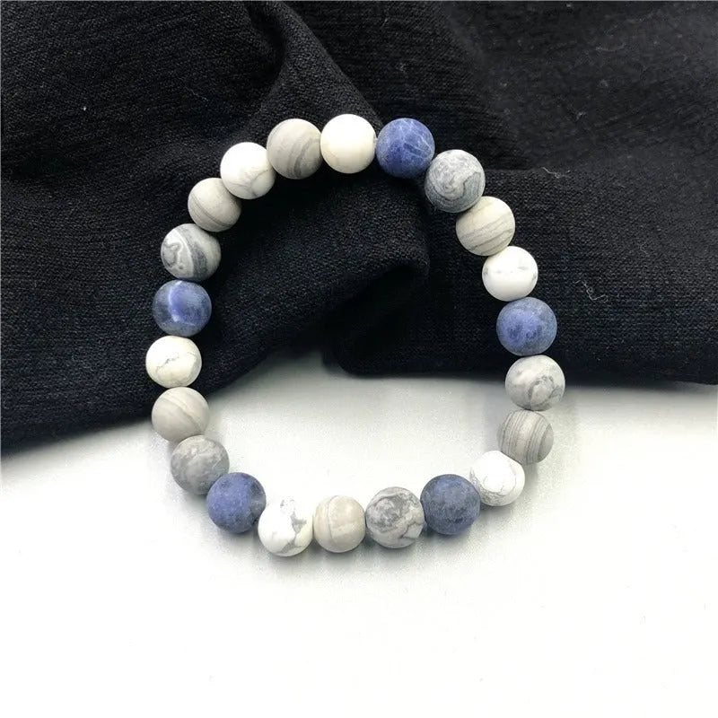 Handmade men's bracelet with planet stone starry design in U-shape, showing bead size options.