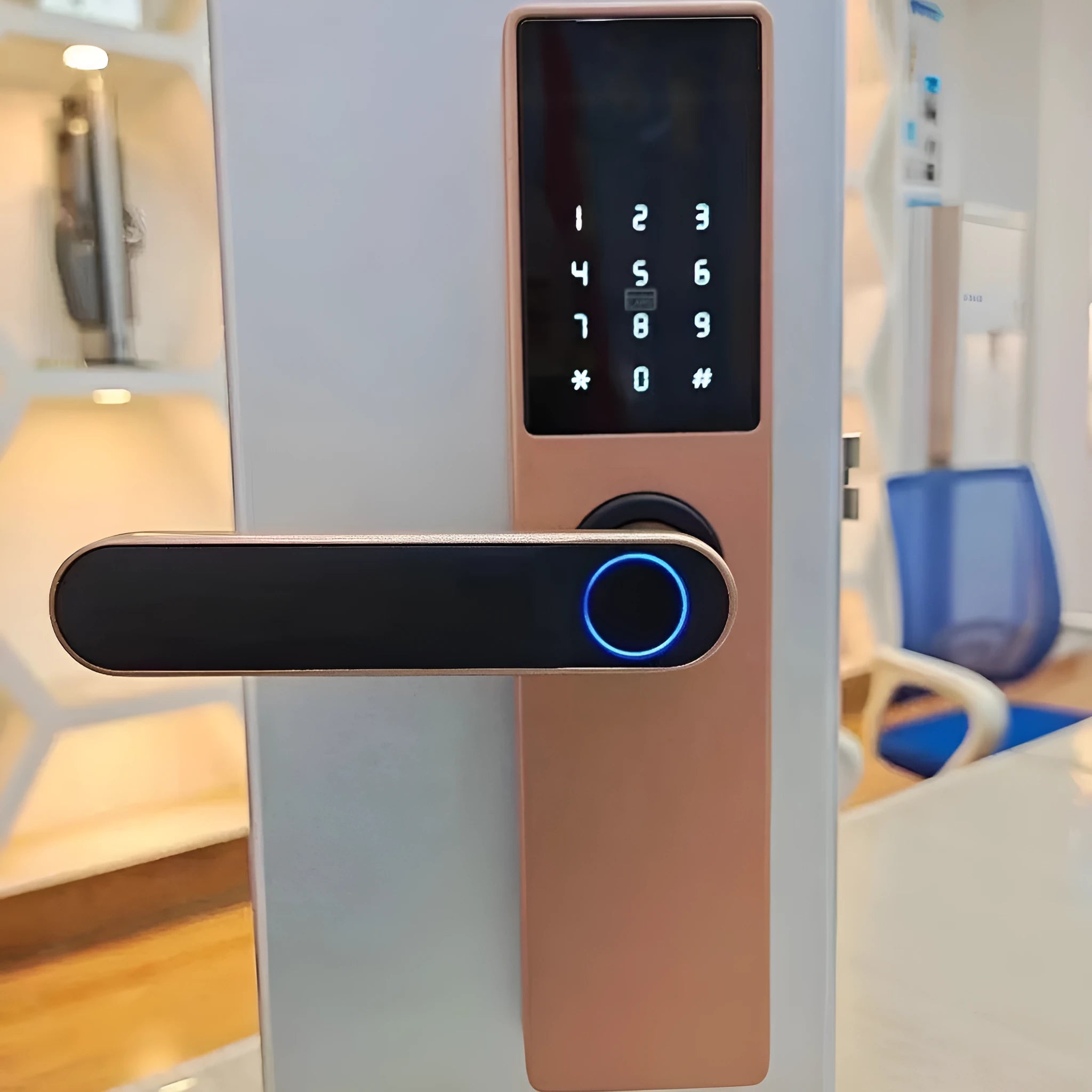 Alloy wooden door fingerprint lock in black with Graffiti WiFi connectivity for keyless entry