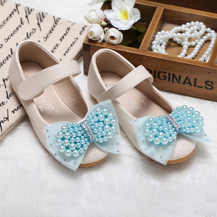 Girls' princess shoes with pearl bow, flat heel, Velcro fastening, PU leather upper, size 19-35