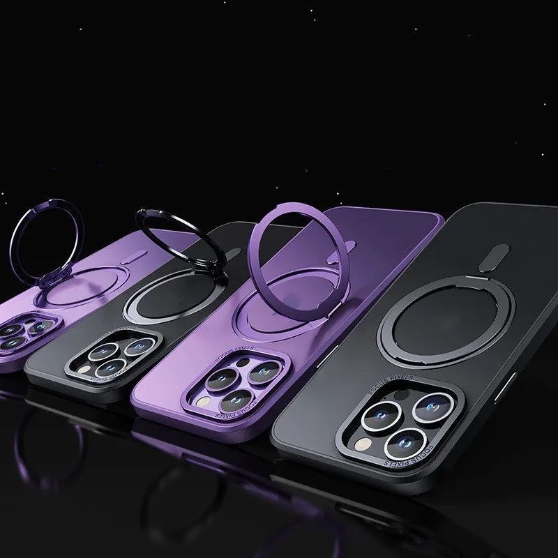Transparent iPhone case with magnetic bracket for iPhone 11 to 15 Pro Max models in black, grey, purple colours