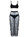 Women's black butterfly bikini three-piece set with top, briefs and skirt, polyester fabric, sizes S-XXL