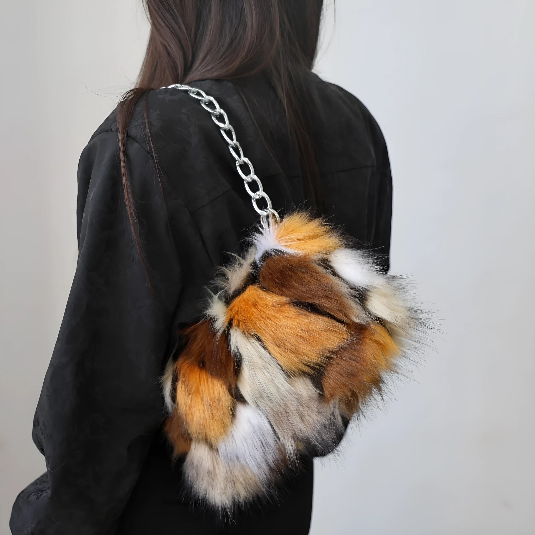 Plush underarm shoulder chain bag in brown colour matching, horizontal square shape with chain strap, 28x8x40cm