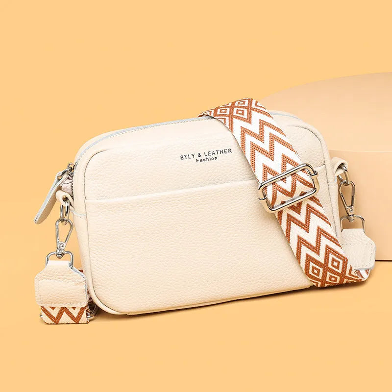 Fashion shoulder crossbody bag with rhombus embroidered wide strap in beige genuine leather for women