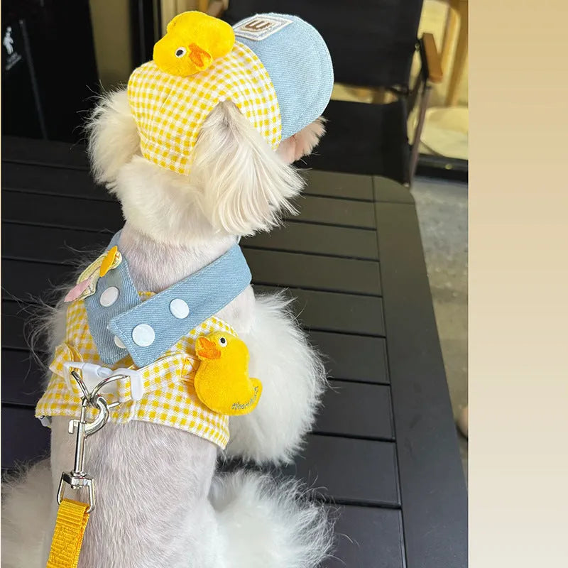 Three-piece pet harness and leash set with wire rope pulling rope and detachable cute hat