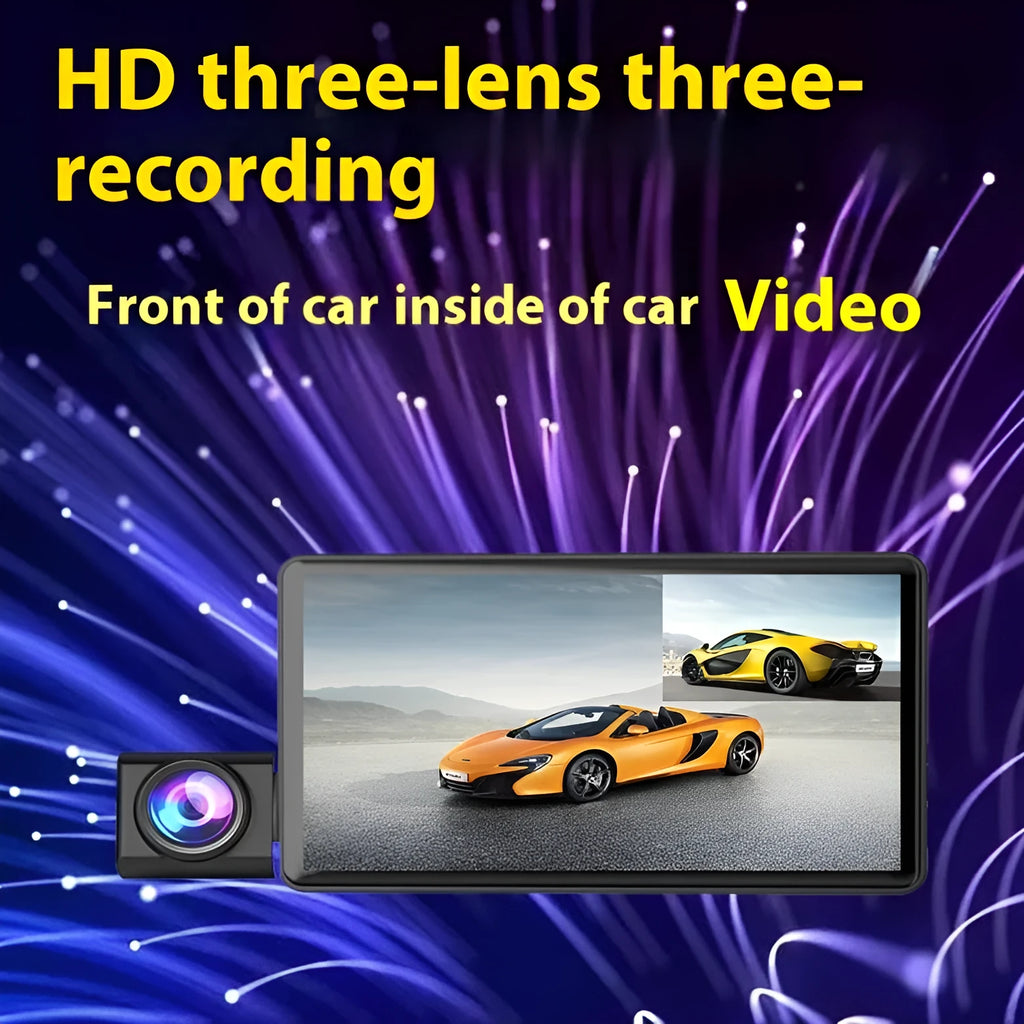 Black three-lens dash cam with 4-inch touch screen for front and rear vehicle recording
