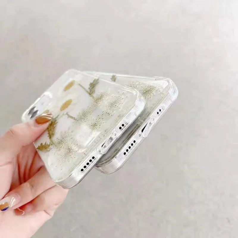 White TPU phone case with epoxy daisy floral design for iPhone XR to 13 series