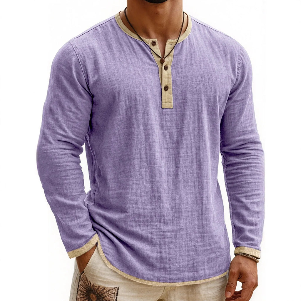 Digital printing two-tone men's Henley shirt with three-button placket and long sleeves in slim fit