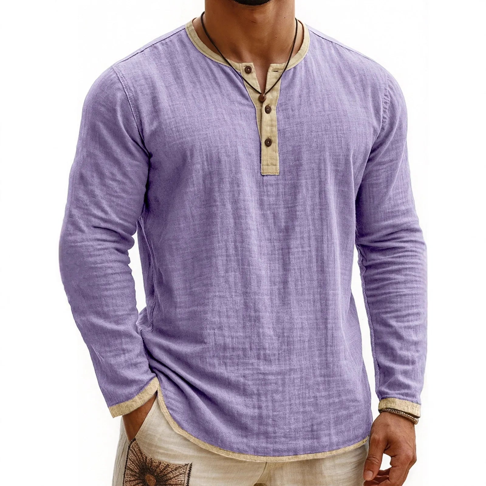Digital printing two-tone men's Henley shirt with three-button placket and long sleeves in slim fit