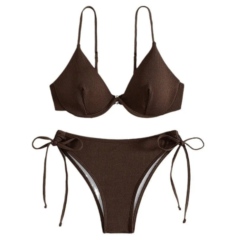 Two-piece underwire gather backless solid colour bikini for women
