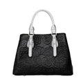 Black genuine leather handbag with embossed finish, horizontal square shape, large capacity, first layer cowhide