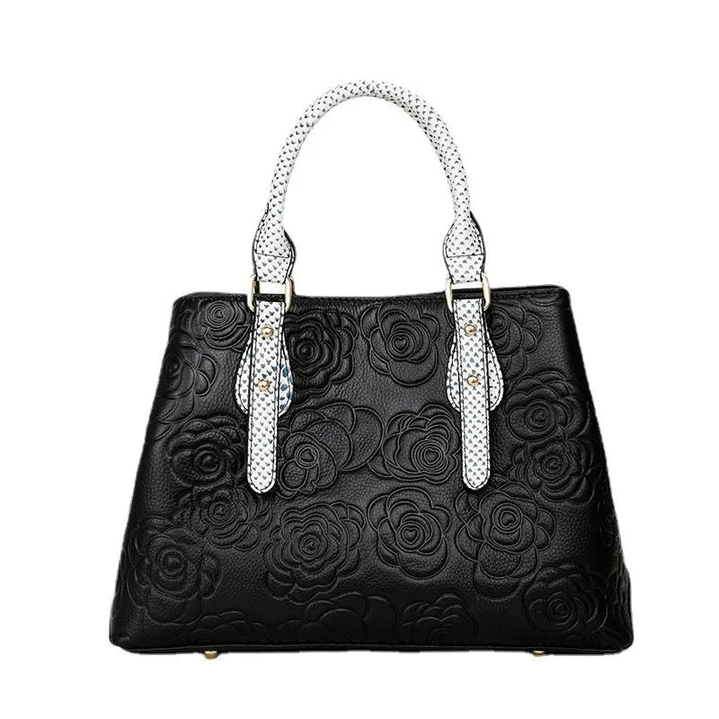 Black genuine leather handbag with embossed finish, horizontal square shape, large capacity, first layer cowhide
