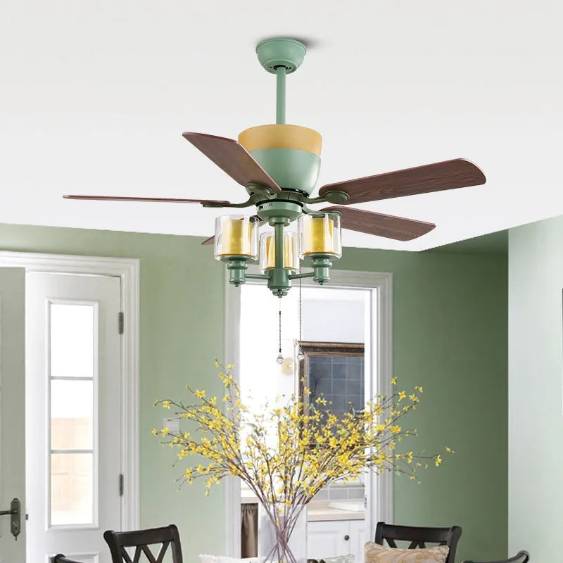 Dark green American style ceiling fan lamp, 120cm diameter, iron glass and wood leaf, E27 x 3 light source