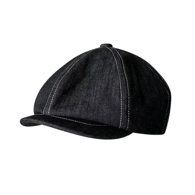 Black cotton beret hat with octagonal shape and Japanese Denim fabric construction