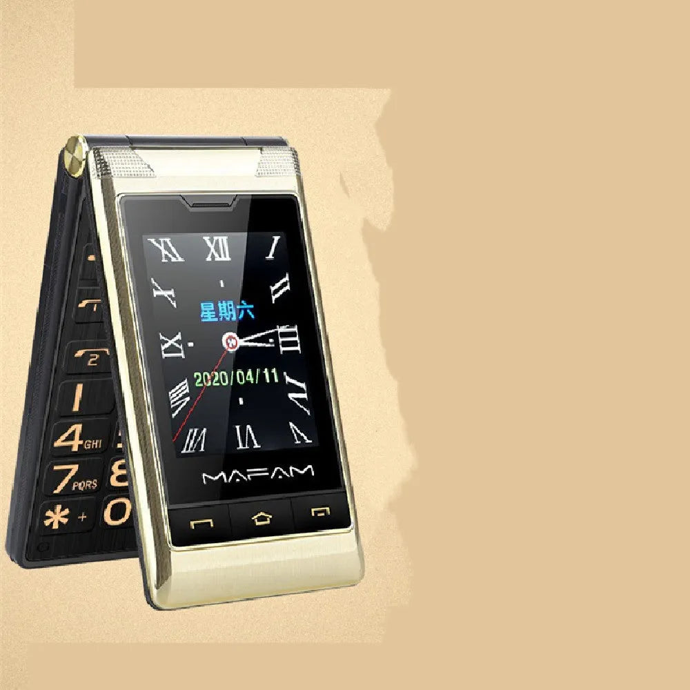 Gold gun colour metal flip cover phone with 2.8-inch internal and 2.4-inch external displays, 5900mAh battery
