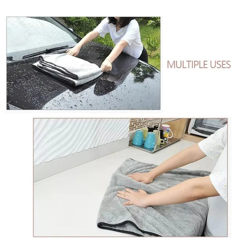 Three microfiber car wash towels showing different size options: 75x35cm, 60x40cm, and 100x40cm.
