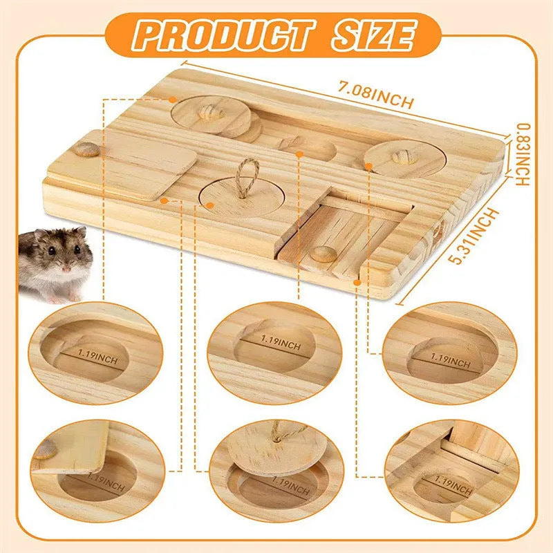 Wooden hamster feeder in natural wood colour on a flat surface