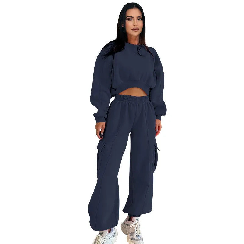 Women's casual round neck high waist sweatpants suit in solid colour with pocket, polyester fibre