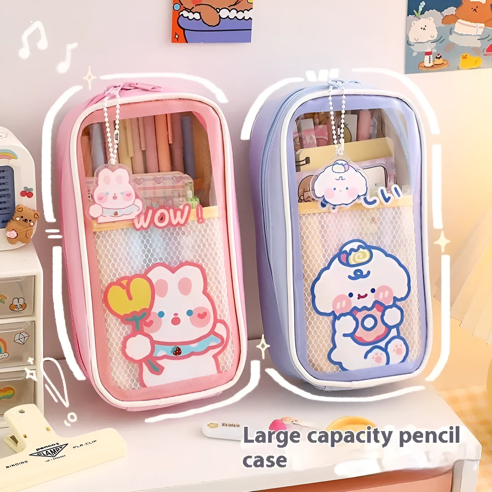 Large transparent PVC pencil case with a vertical cartoon dog design, zippered closure.