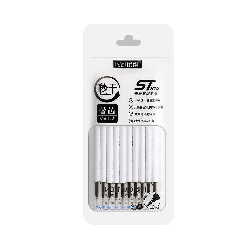 Pack of 10 quick-drying bullet pen refills showing black, blue, red, and ink blue ink colours.