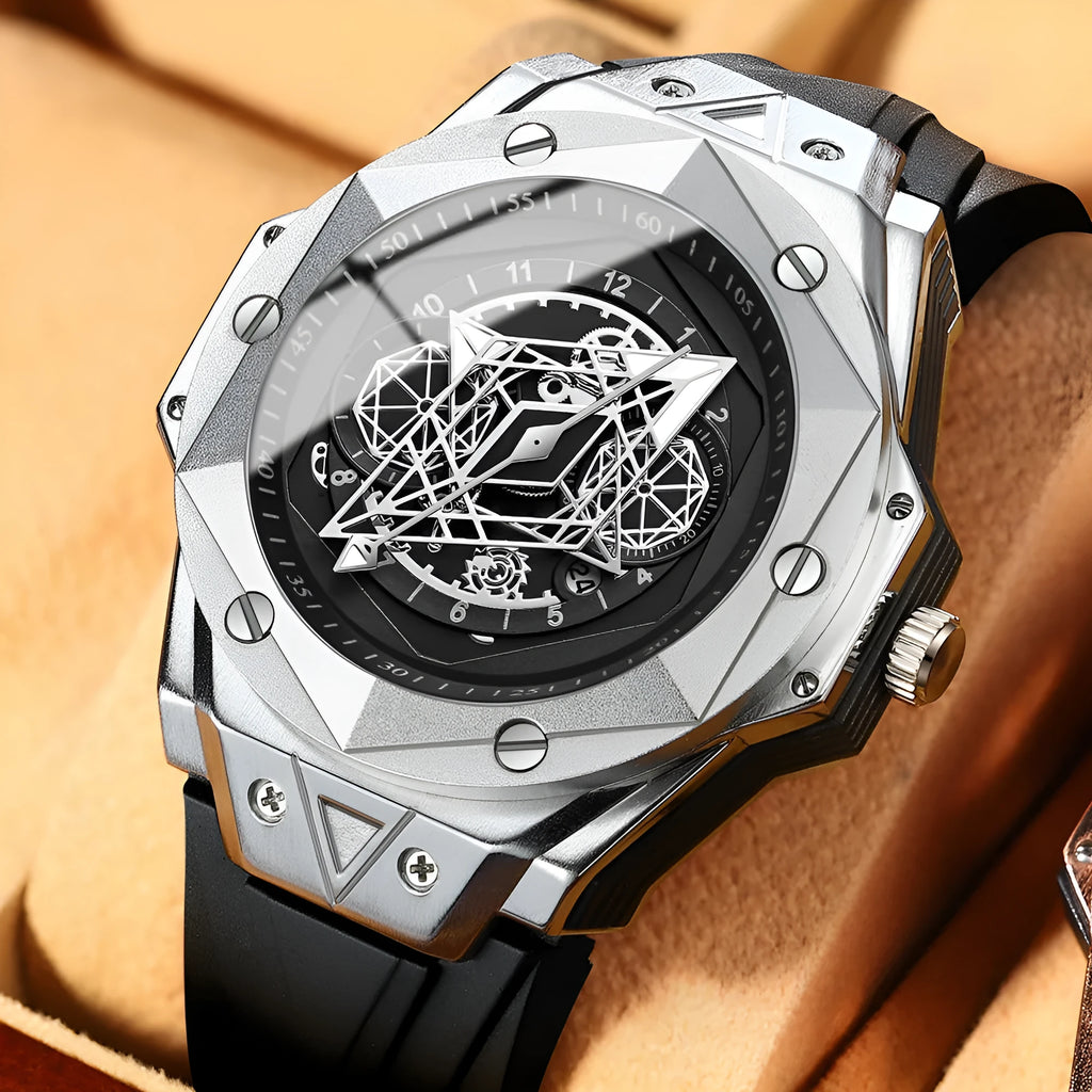 Men's waterproof silicone quartz watch with black leather band and black stainless steel surface