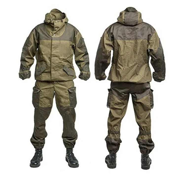 Men's Special Forces tactical combat uniform in cotton blend, featuring jacket and trousers, shown in camouflage green.