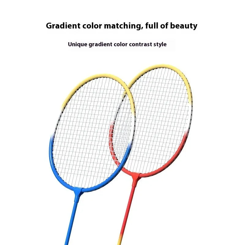 A pair of blue and red ultra-light alloy badminton rackets from a full set with a split design.