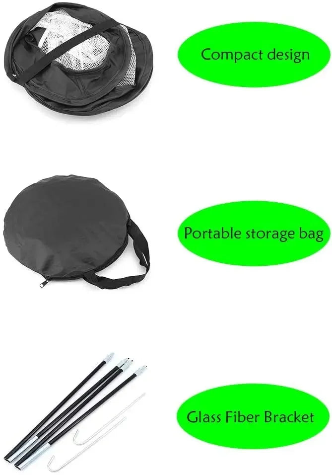 Foldable golf practice net in black on grass with square target for chipping drills