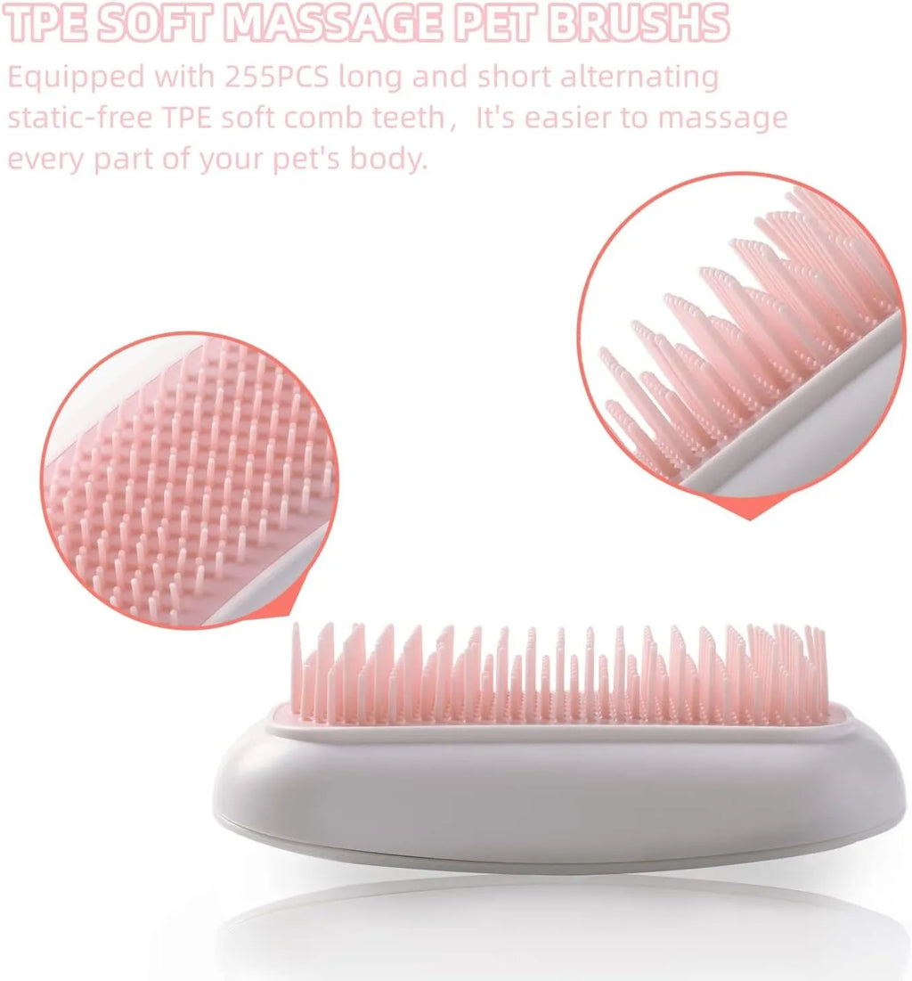 Pink handheld electric pet massage brush with soft TPE teeth on a white background