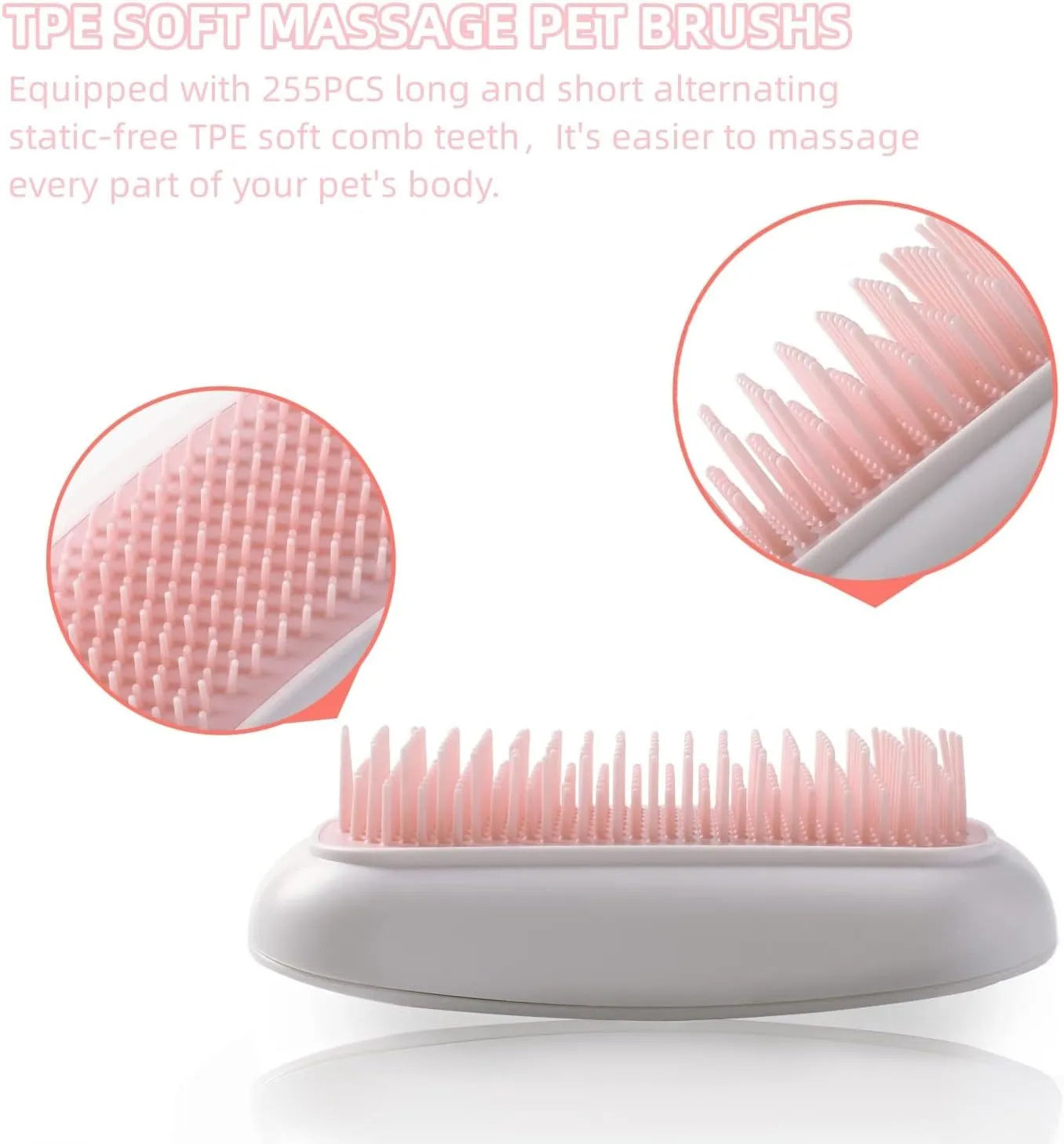 Pink handheld electric pet massage brush with soft TPE teeth on a white background