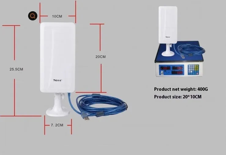 White high power USB wireless network card with Type USB connector.