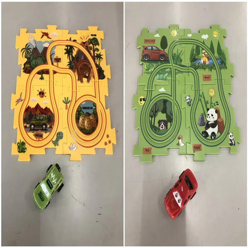 Children puzzle electric railroad speeder DIY assembly track set with automatic car and plastic pieces in multiple themes