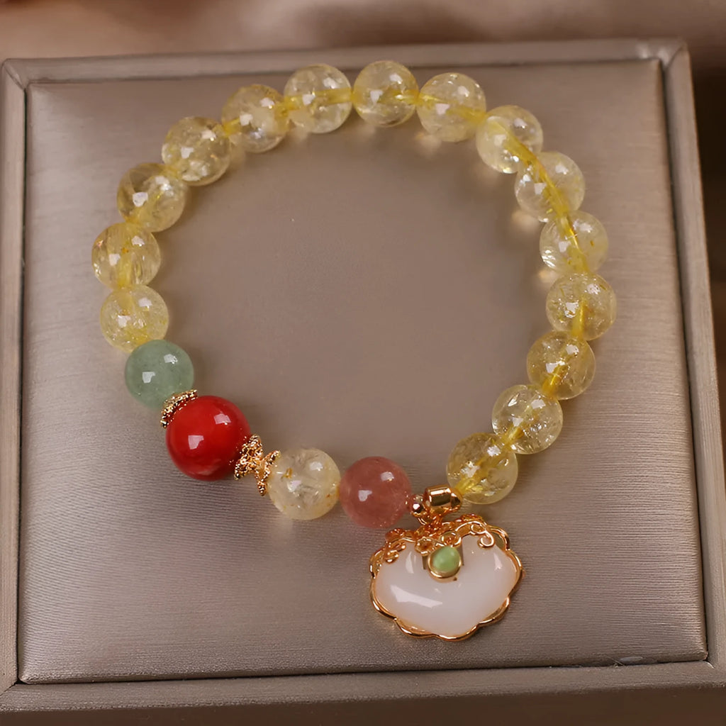 Women's bracelet with natural citrine jade ruyi pendant and yellow hair crystal ornament on adjustable alloy band