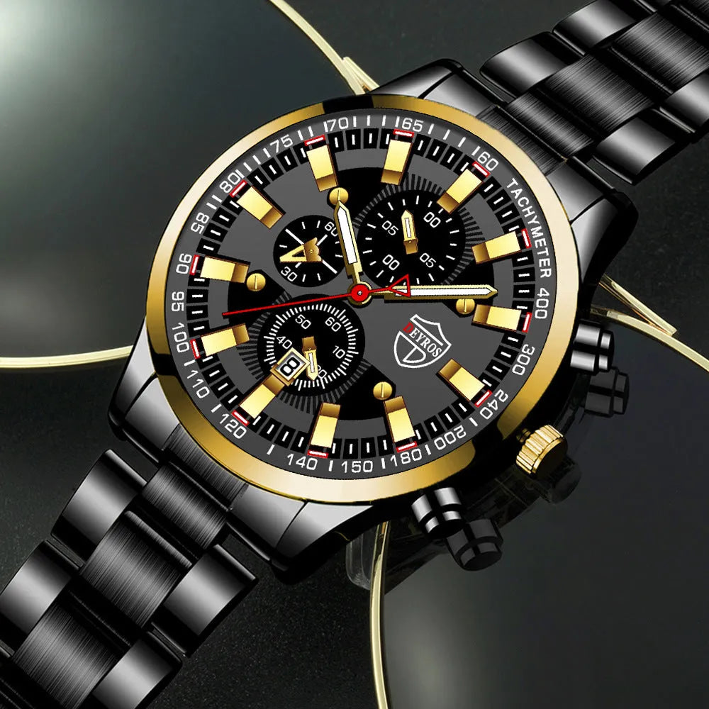 Men's stainless steel luminous quartz wristwatch with calendar, 42mm dial, black face, mineral glass mirror, single fold buckle