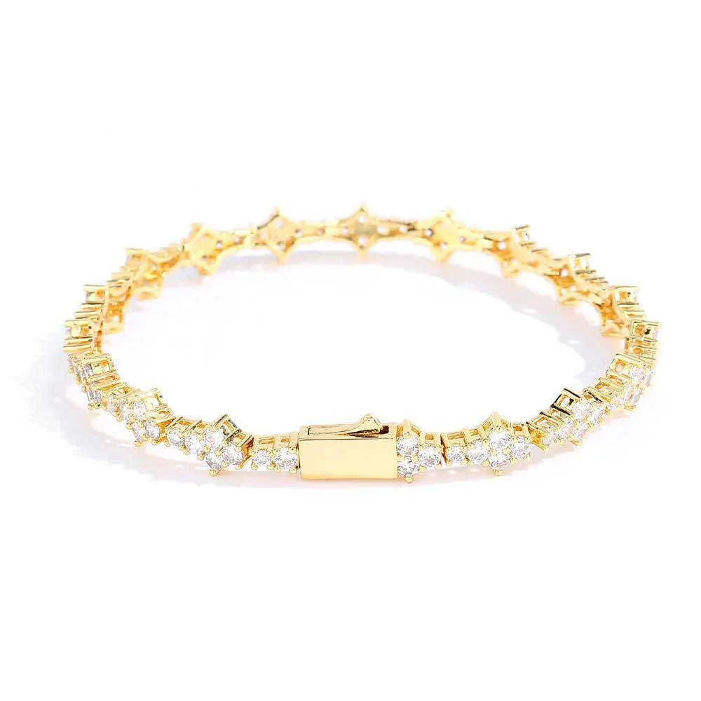 Copper spring fastener bracelet with inlaid zircon, gold finish, 6.5mm width, geometric chain design
