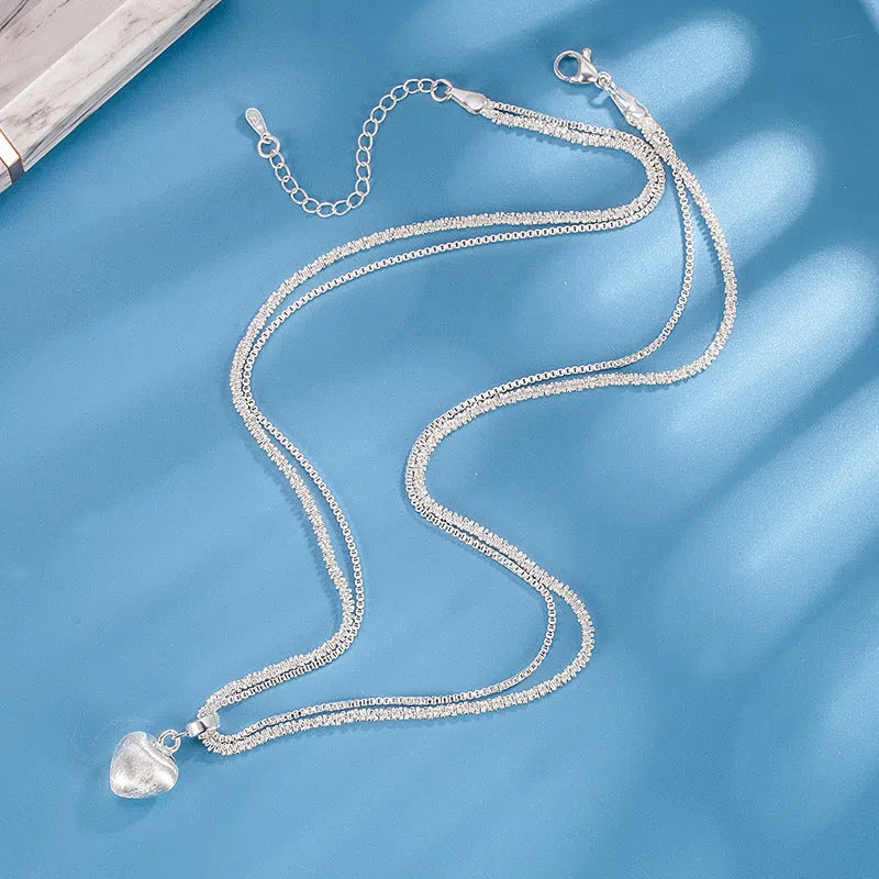 Double layer brushed heart pendant necklace for women with copper electroplating water wave chain